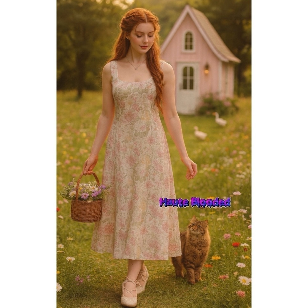 Jessica McClintock Dress Vintage 80's Cottagecore Floral Shiny Coquette Romantic